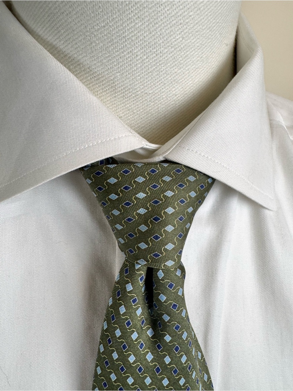 Brooks Brothers Olive Green Tie with Light Blue & Navy Geometric Motif Vintage